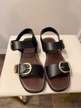 Universal Thread Black Leather Sandals with Gold Buckles